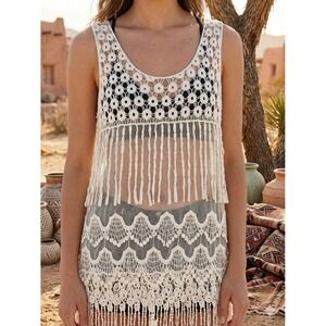 Vintage Y2K Crochet Fringe Tunic Top Boho Festival Sheer Lace Cream XL 70s Vibe